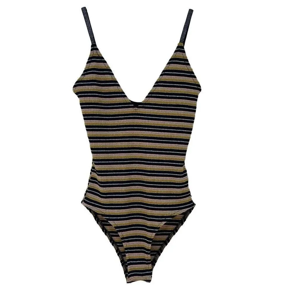 Topshop Nordstrom Bodysuit Women's Sz 2 Multicolor Stripe Ribbed Metallic V-Neck